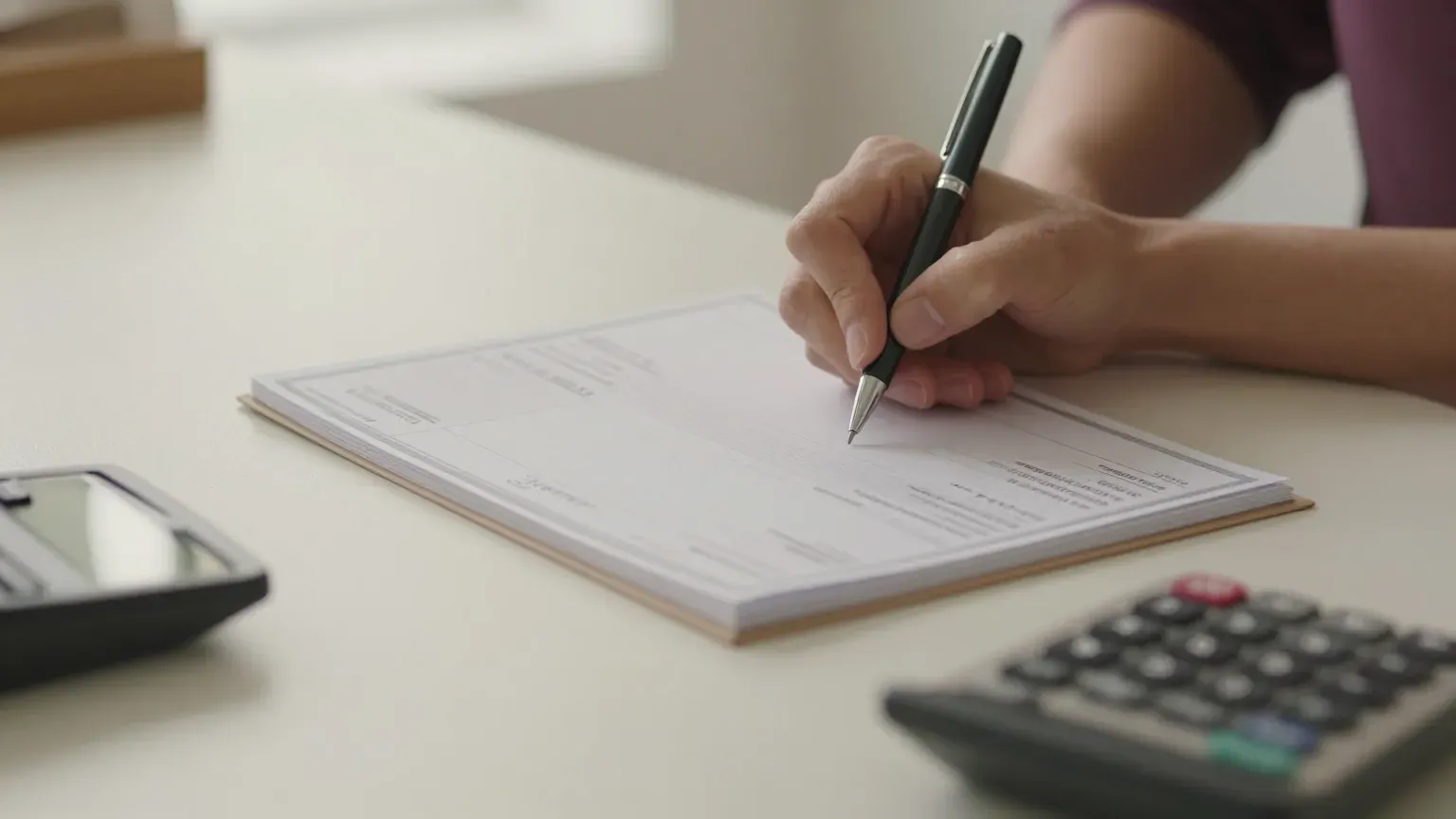 guide header — a chequebook and a bill on a kitchen table, hands only