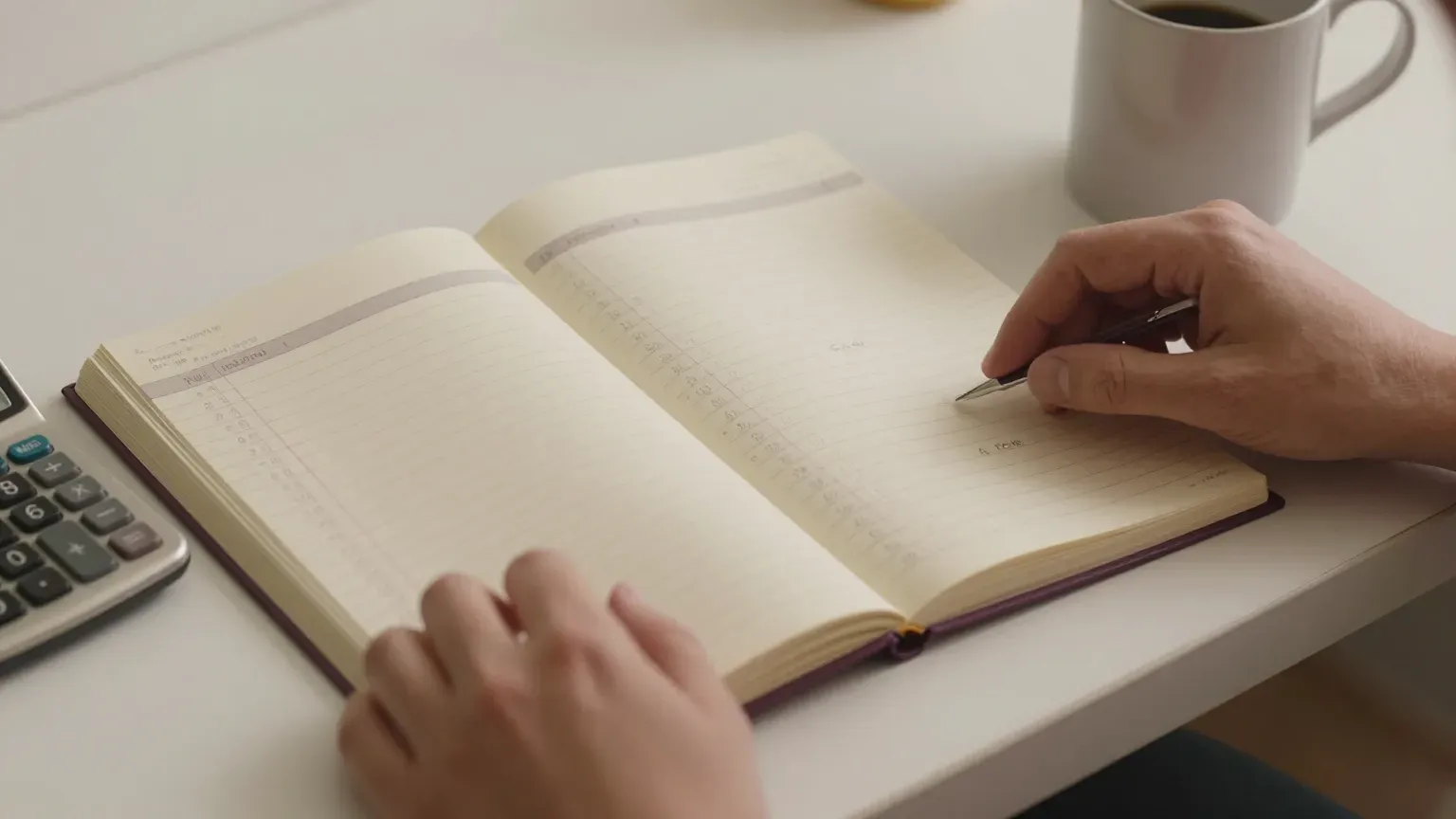 guide header — a ledger and a calculator on a kitchen table, hands only