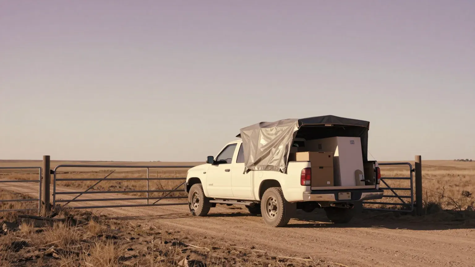 guide header — a loaded pickup and an open farm gate