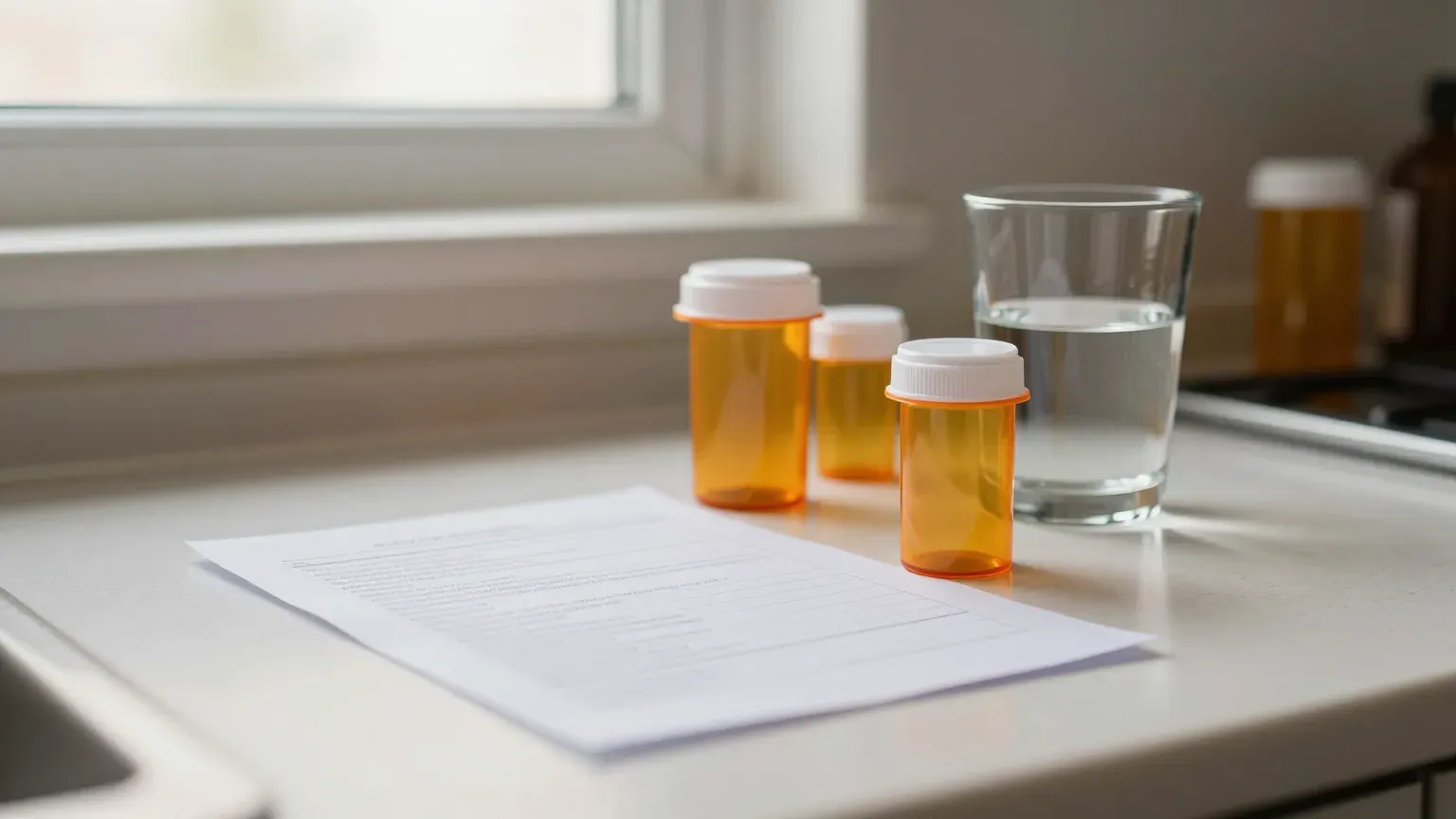guide header — prescription bottles and a printed list on a counter