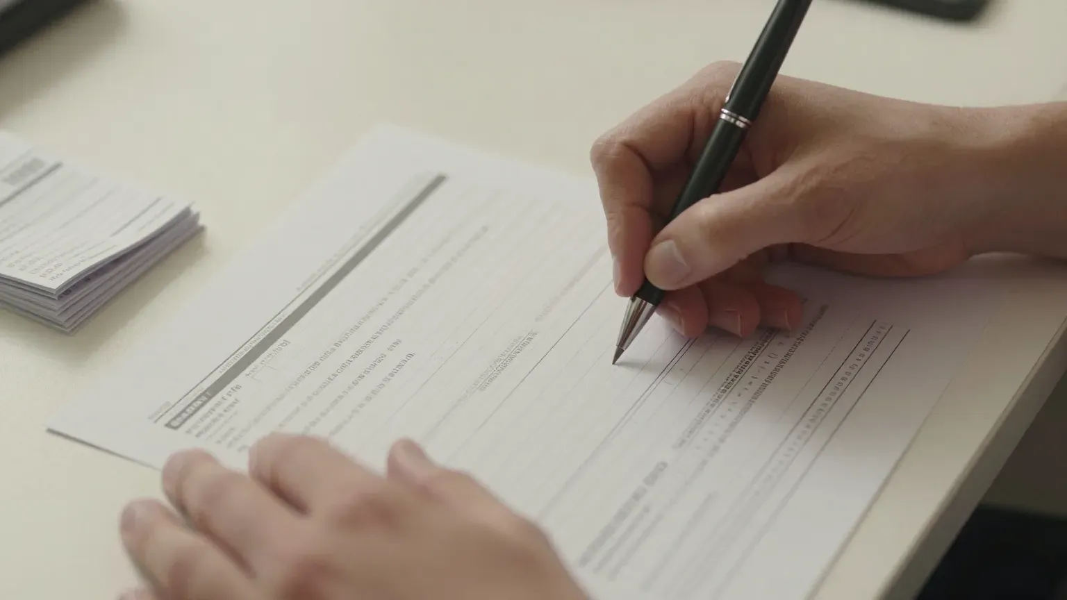 guide header — tax forms and a pen on a desk, hands only